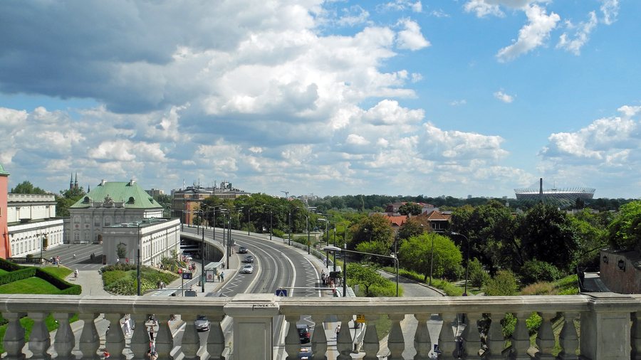 View from Castle Square over the Vistula toward Warsaw's National Stadium